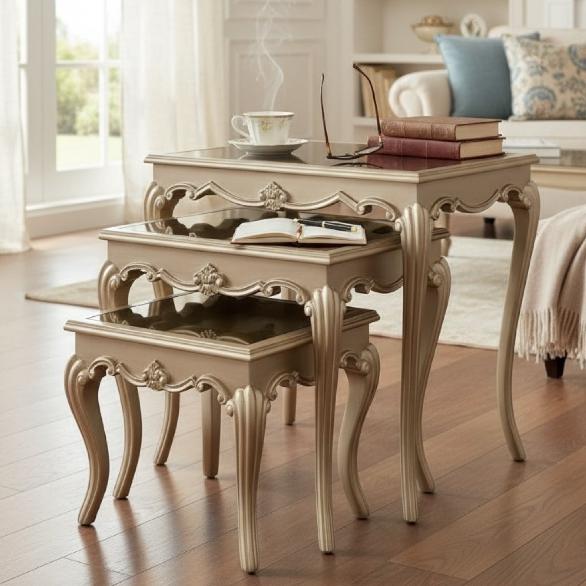 طقم ترابيزات ثلاثي بقرصة زجاج فاميه – تشطيب شامبين فاخر