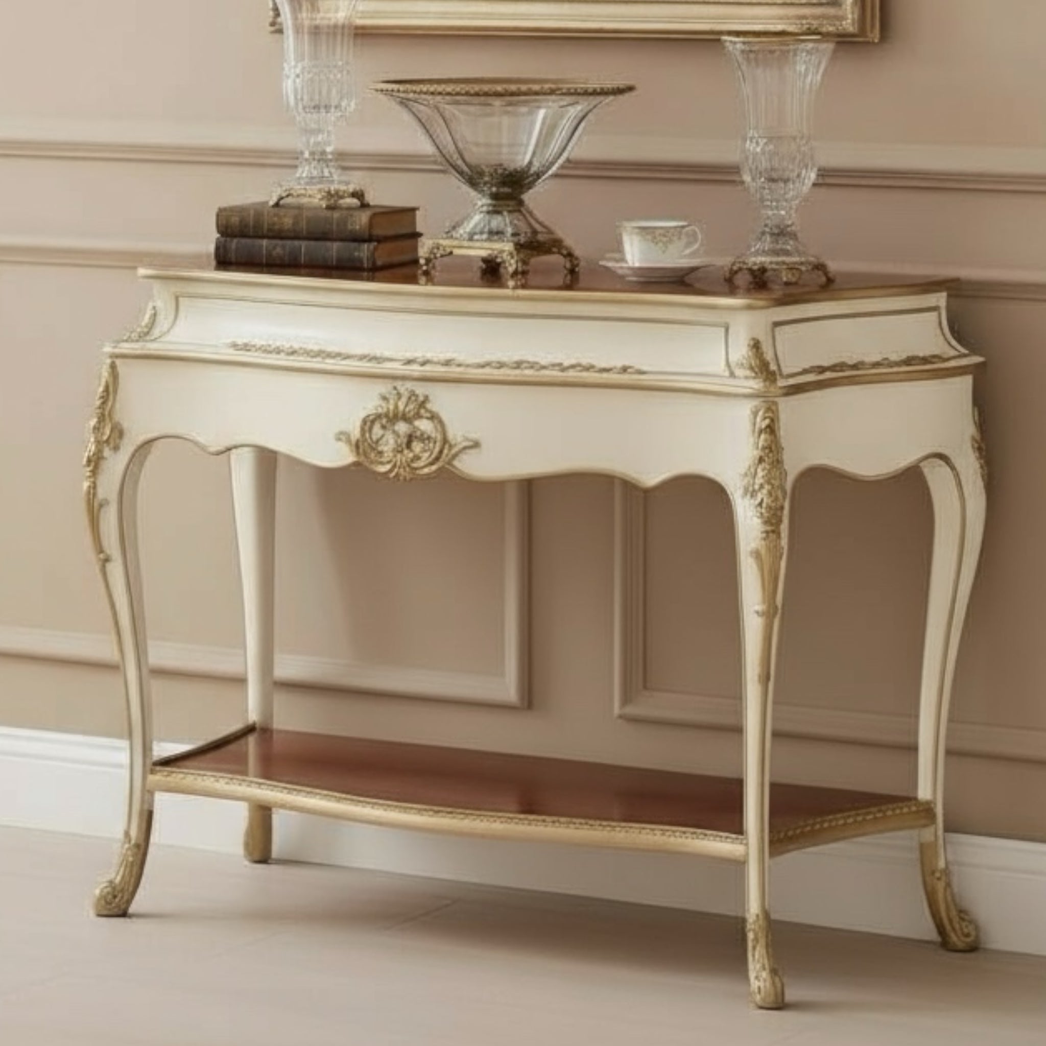 كونسول مدخل خشب زان برخام إمبرادور وتطعيم نحاس مشغول يدويًا