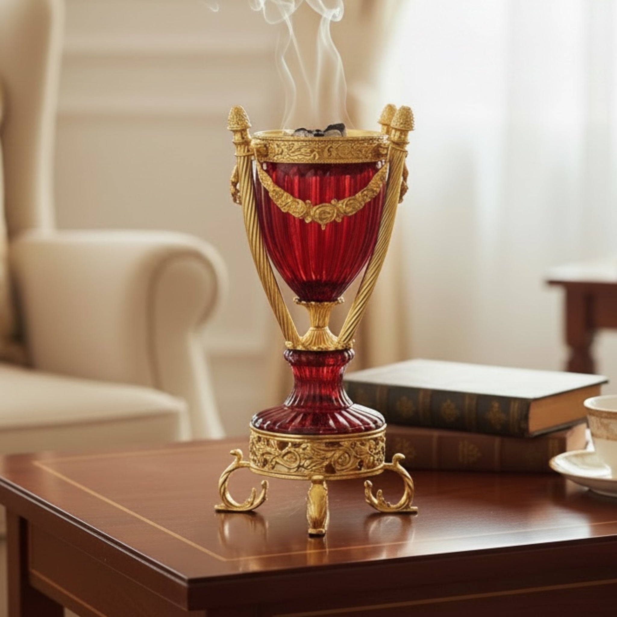 مبخرة ديكور كلاسيك – زجاج أحمر ونحاس ثقيل