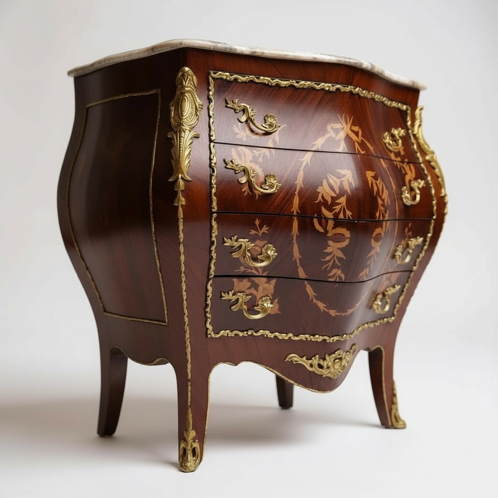 بايوه كلاسيكي فاخر بأربعة أدراج ومطعّم بالنحاس والماركتريه