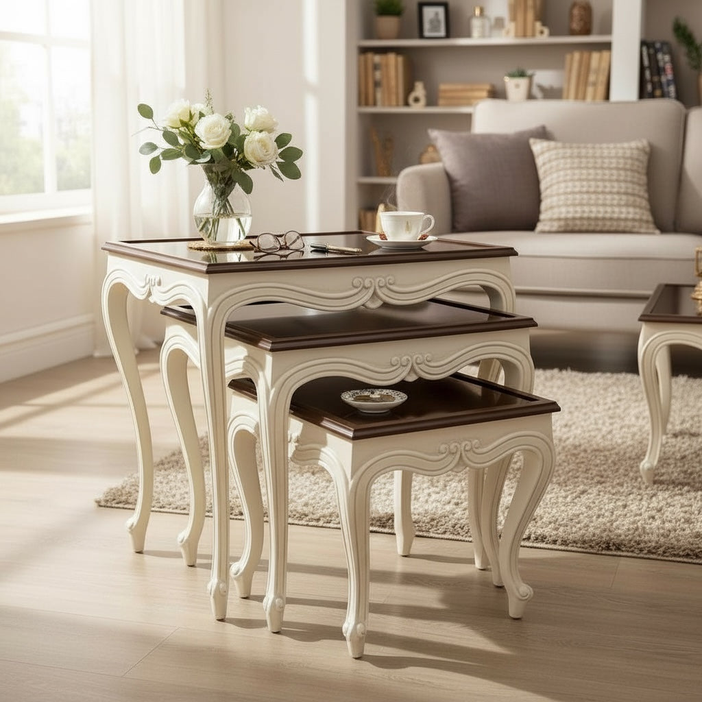 طقم ترابيزات متداخل اوف وايت في بني بزجاج فاميه – 3 قطع