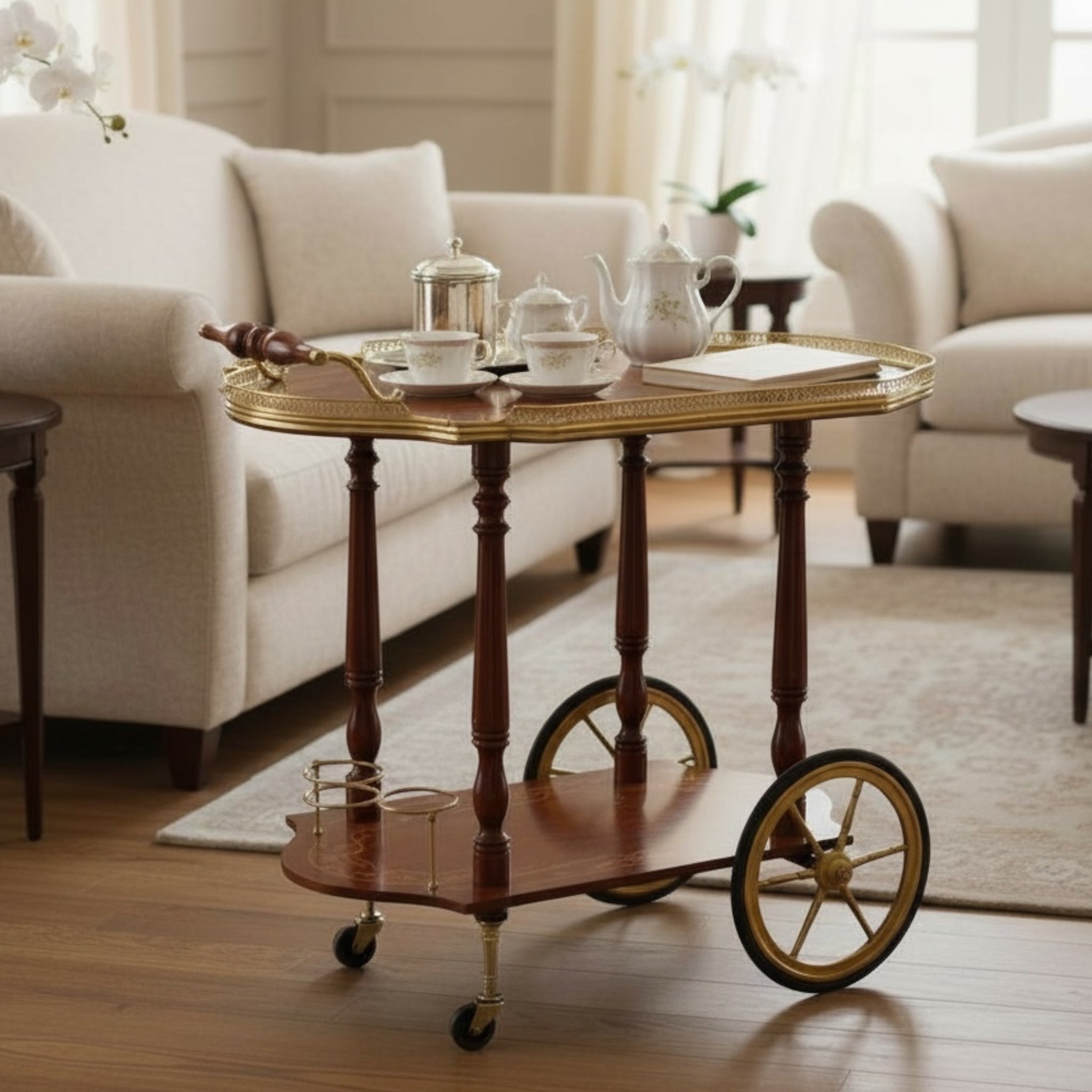 تروللي شاي كلاسيك بتطعيم نحاس وماركتريه يدوي