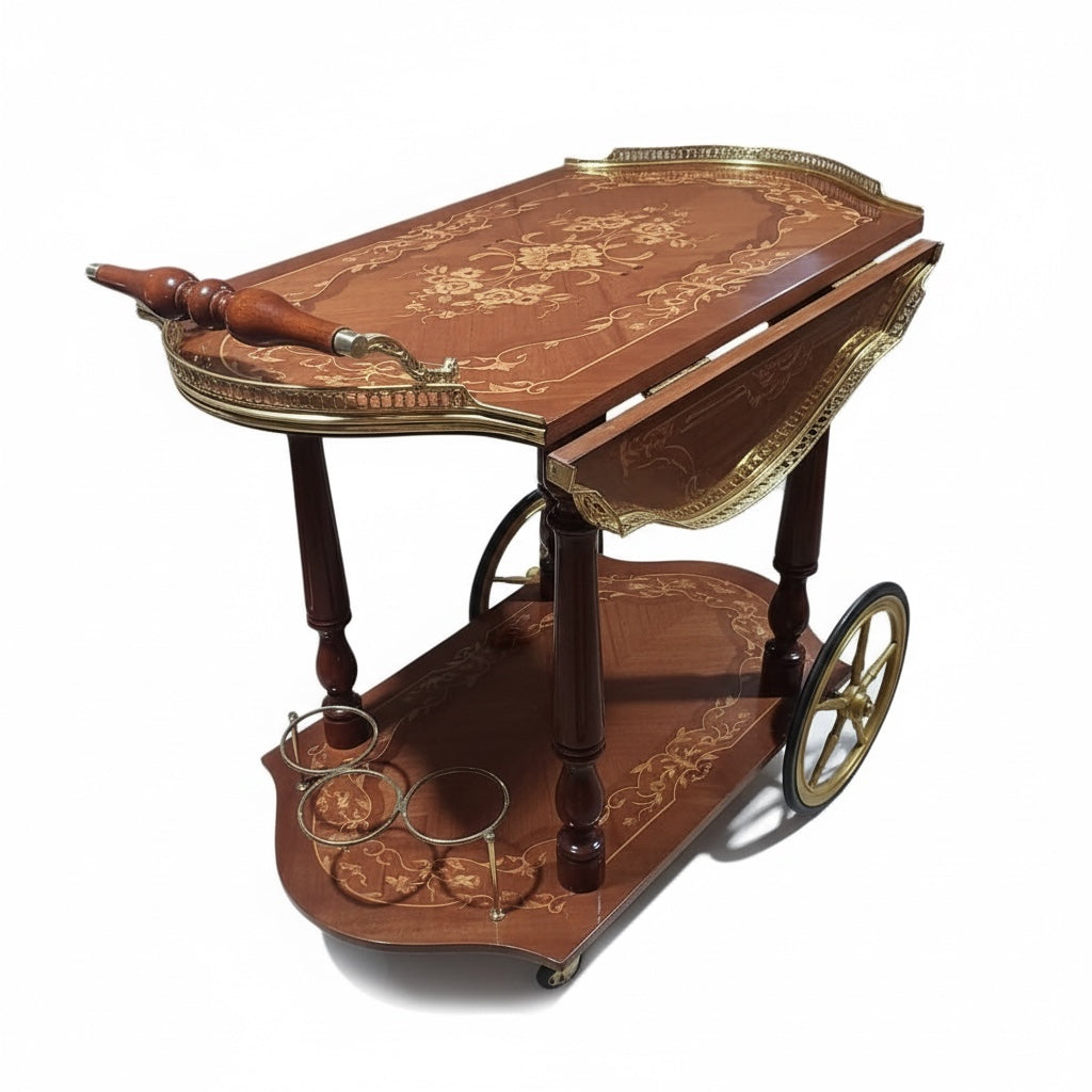 تروللي شاي كلاسيك بتطعيم نحاس وماركتريه يدوي