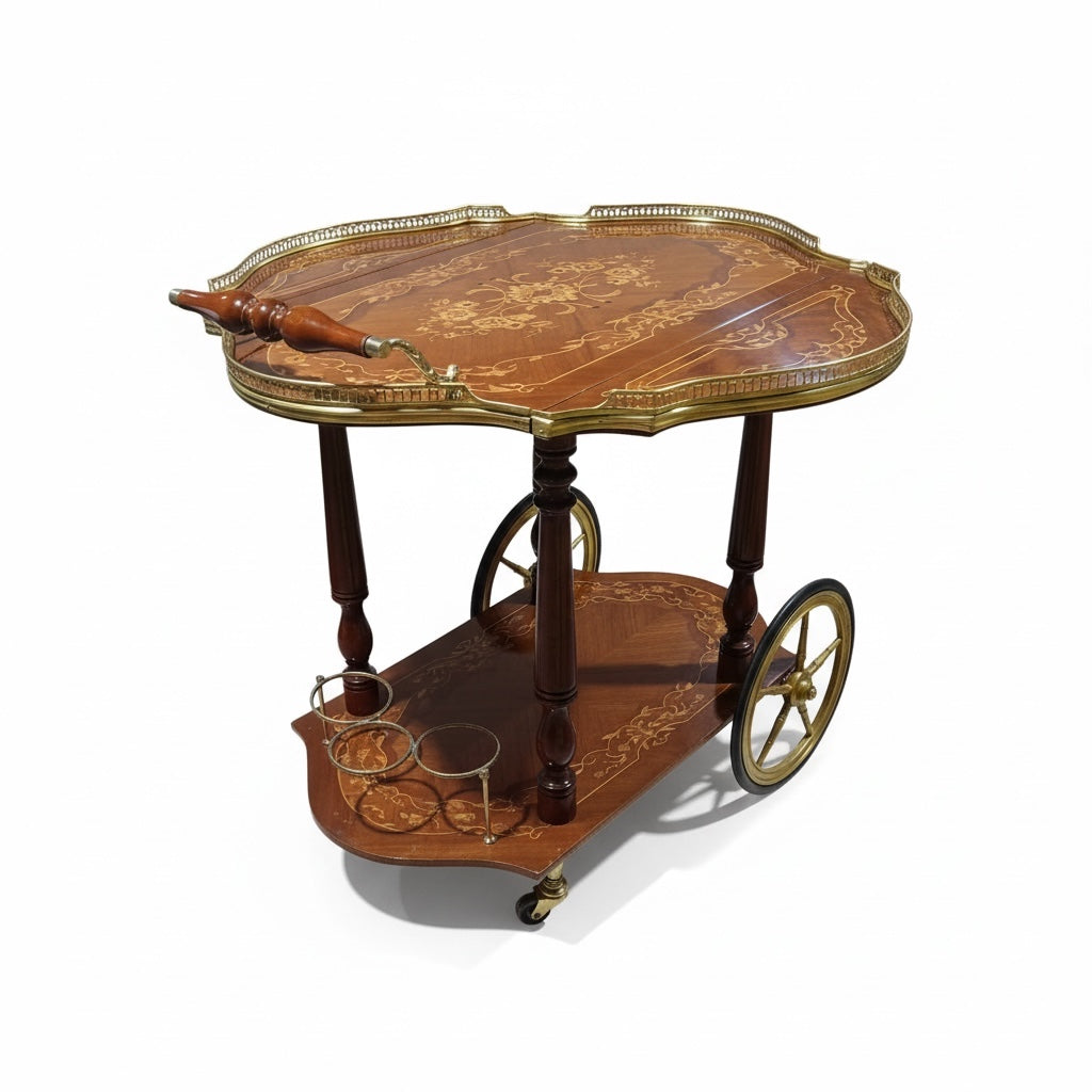 تروللي شاي كلاسيك بتطعيم نحاس وماركتريه يدوي