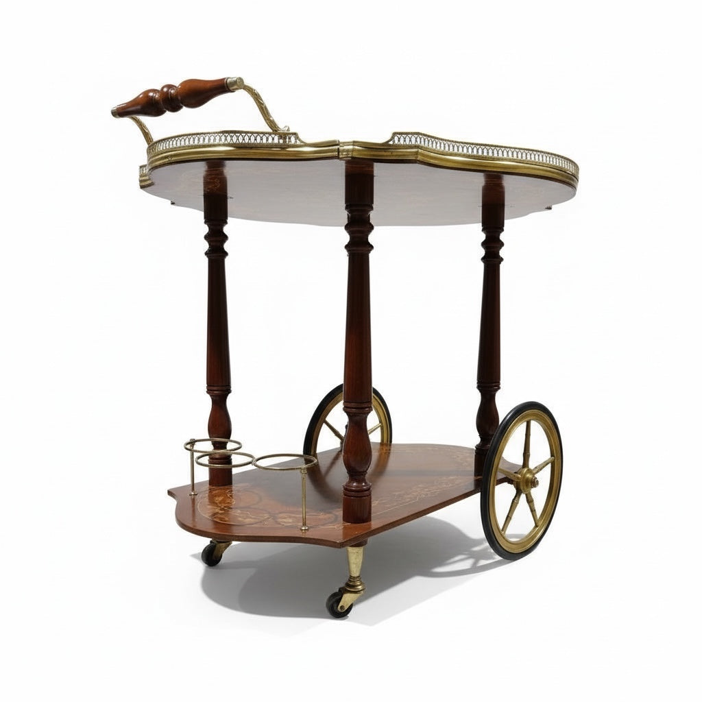 تروللي شاي كلاسيك بتطعيم نحاس وماركتريه يدوي