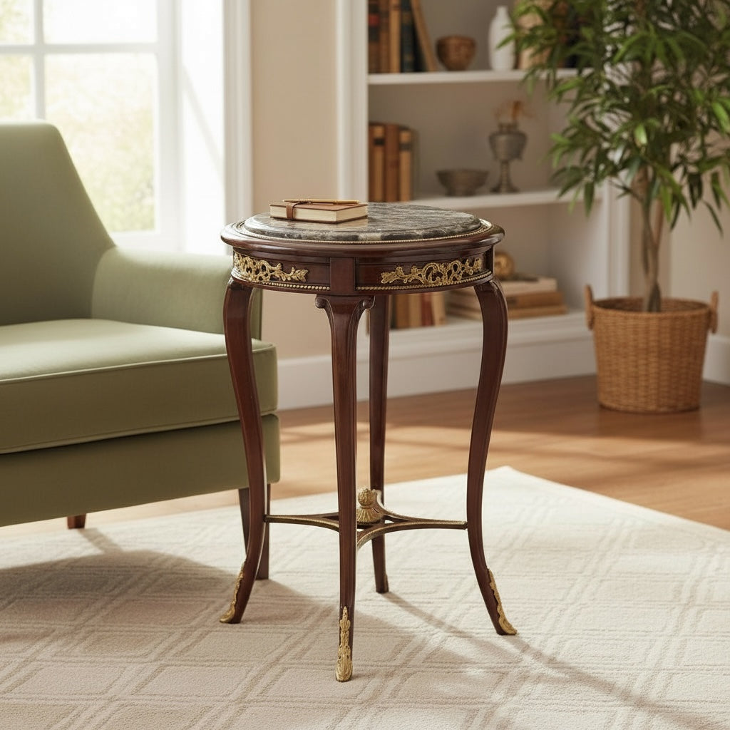 ترابيزة جانبية كلاسيك تطعيم نحاس و بسطح رخامي