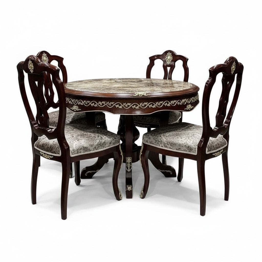 سفرة كلاسيك دائرية 4 كراسي تطعيم نحاس يدوي - Nabolia