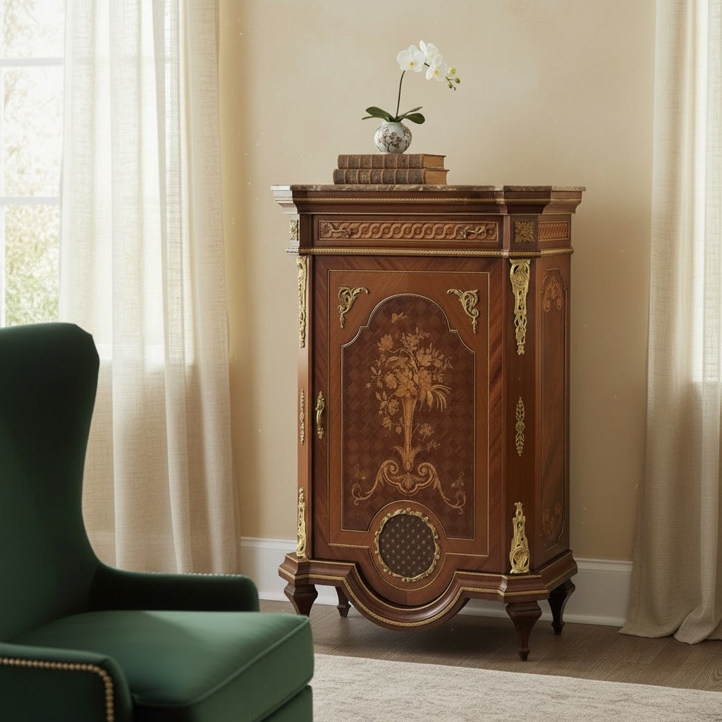 جزامة أنتيك خشب زان مطعمة بالنحاس بسطح رخامي