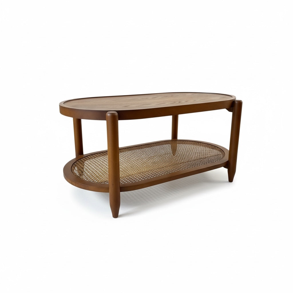 ترابيزة قهوة بيضاوية خشب طبيعي مع رف كانيه