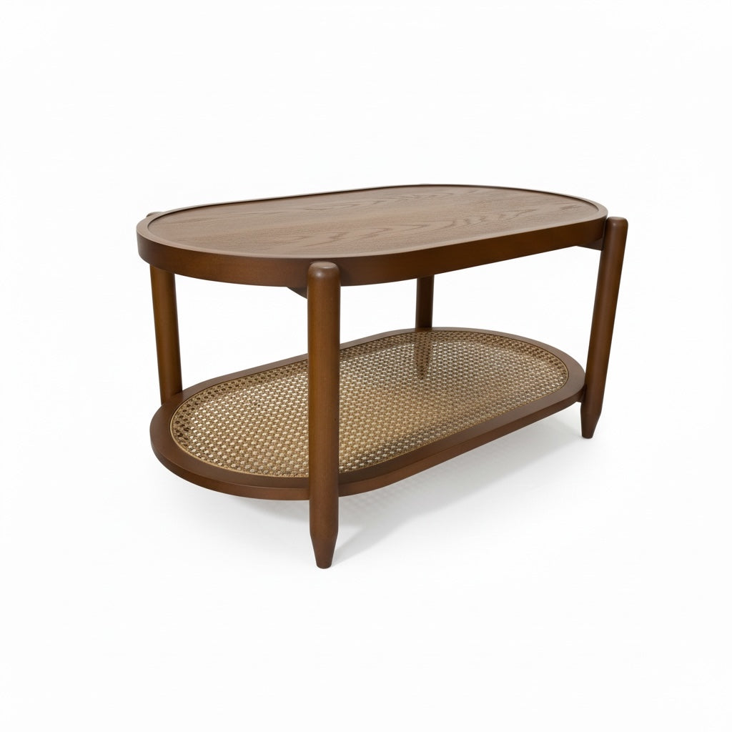 ترابيزة قهوة بيضاوية خشب طبيعي مع رف كانيه