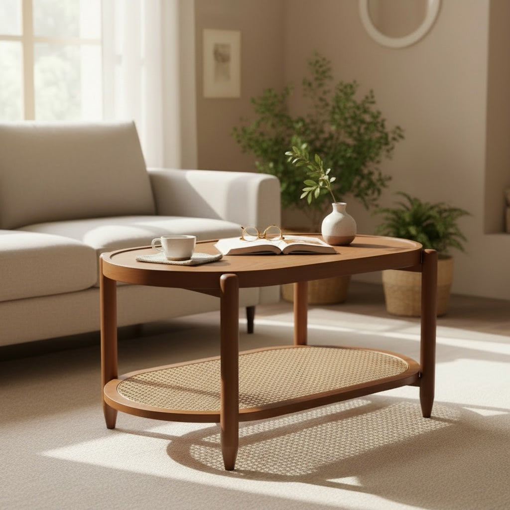 ترابيزة قهوة بيضاوية خشب طبيعي مع رف كانيه