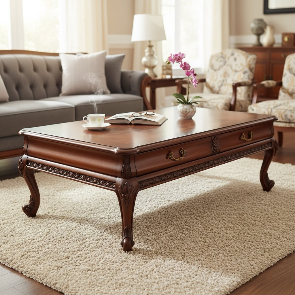 ترابيزة وسط كلاسيك خشب طبيعي بسطح زجاجي