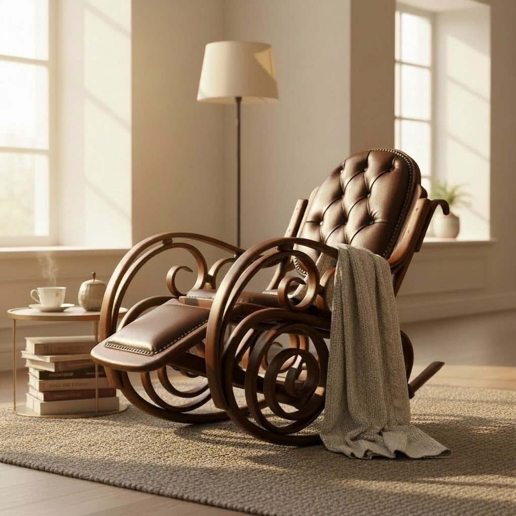 كرسي هزاز كلاسيك خشب زان بني بتنجيد جلد