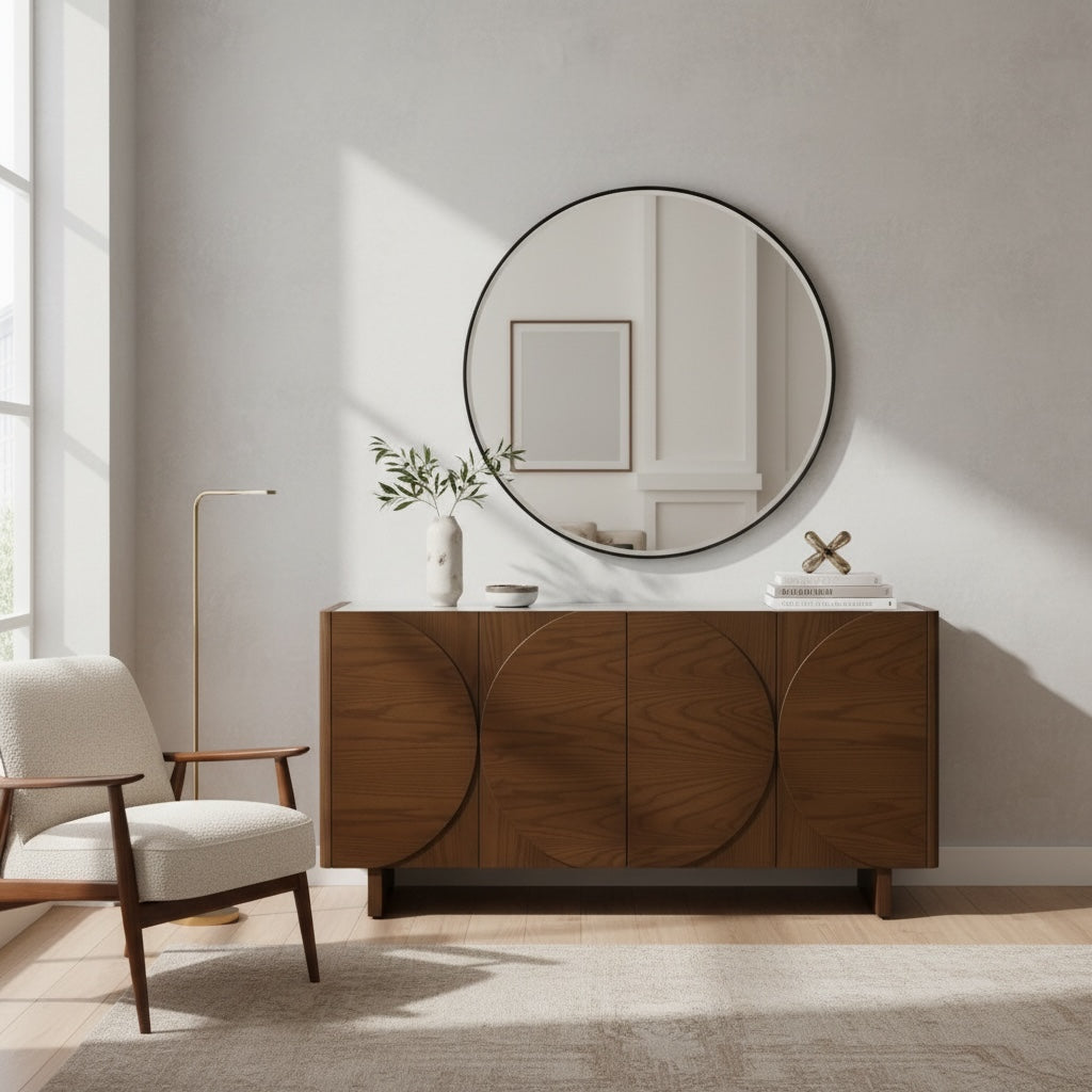 بوفيه مودرن خشب طبيعي مع مرآة دائرية