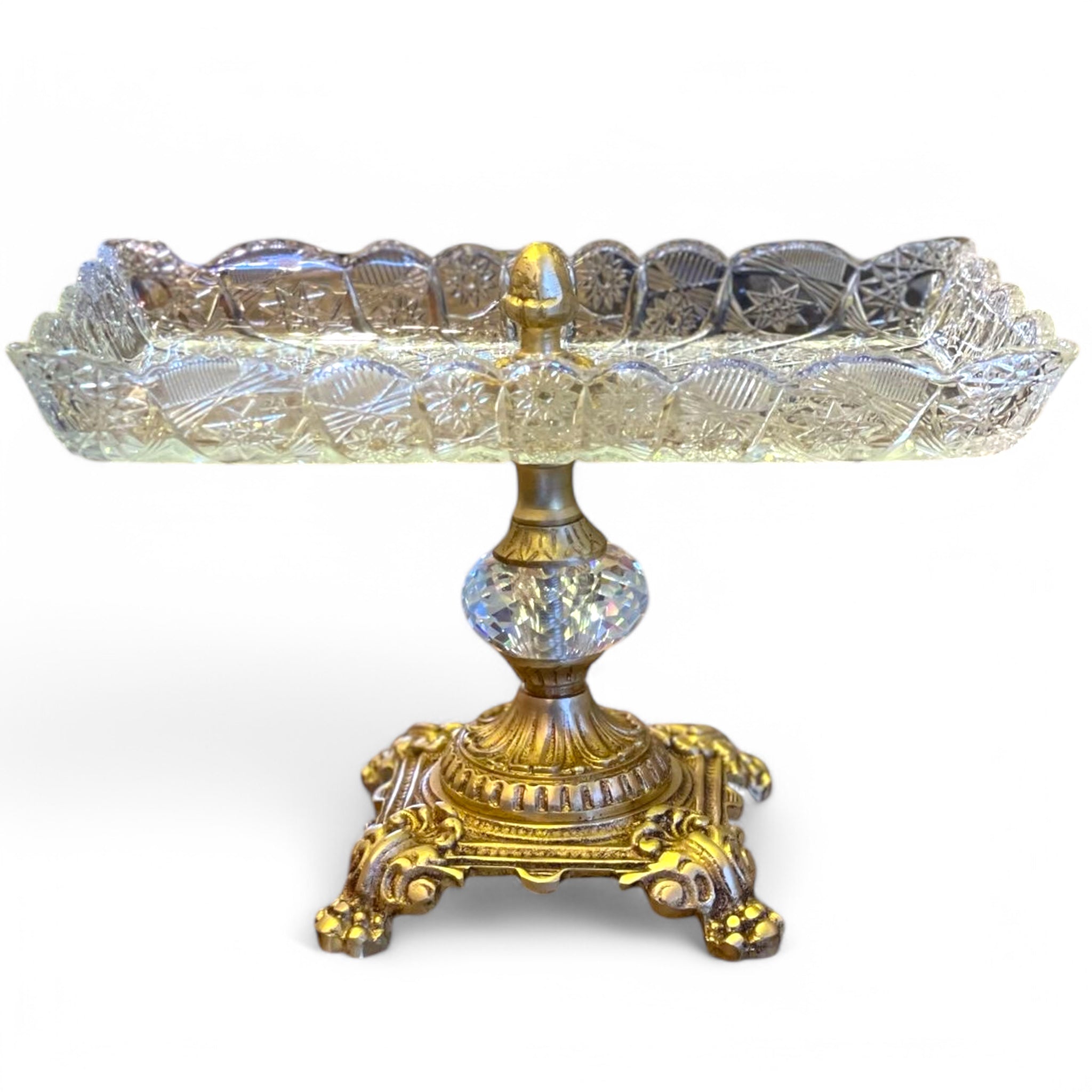 Luxury serving platter with engraved crystal and classic brass
