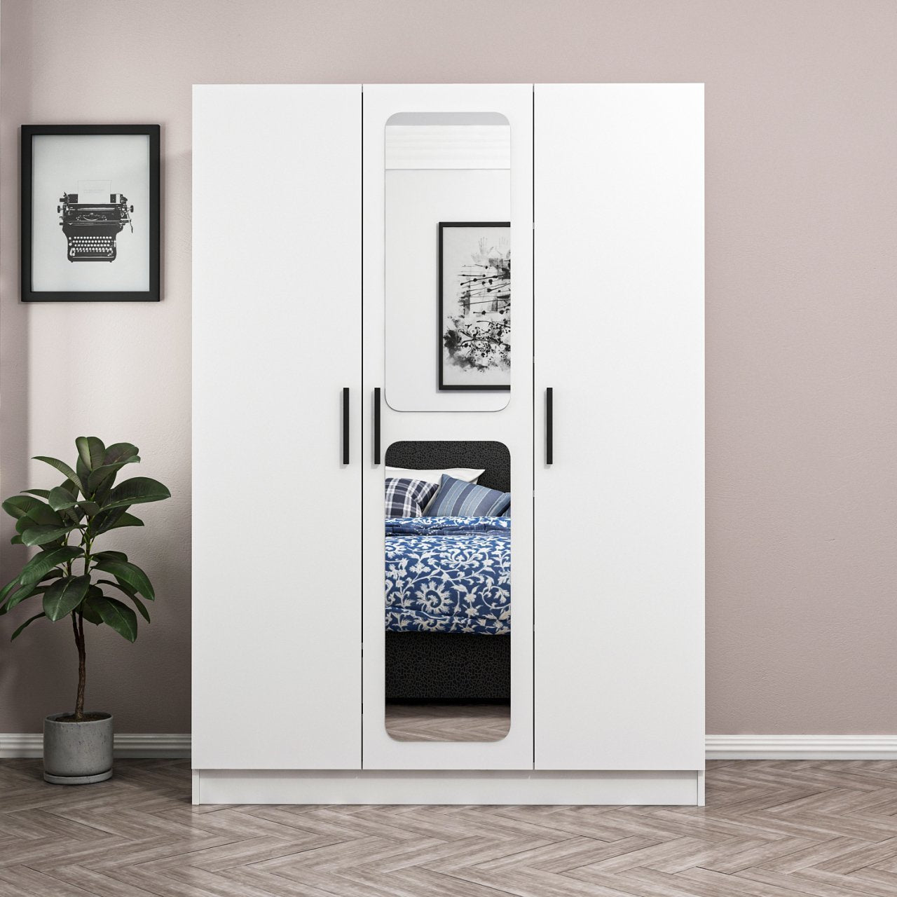 دولاب أبيض بمرآة ودرجين داخليين -  دولاب عملي بتصميم بسيط وأنيق باللون الأبيض مزود بمرآة في الدرفة الوسطى بتدي إحساس بالاتساع وتسهّل عليك تنسيق لبسك بيحتوي على رفوف جانبية منظمة ودرجين داخليين مع مساحة واسعة لتعليق الملابس تصميمه مناسب لأي غرفة وبيوفر لك ترتيب عملي بأقل مجهود الخامةمتاح بخامة كونتر أو MDF حسب اختيارك المقاساتالعرض 135 سمالارتفاع 210 سمالعمق 52 سم