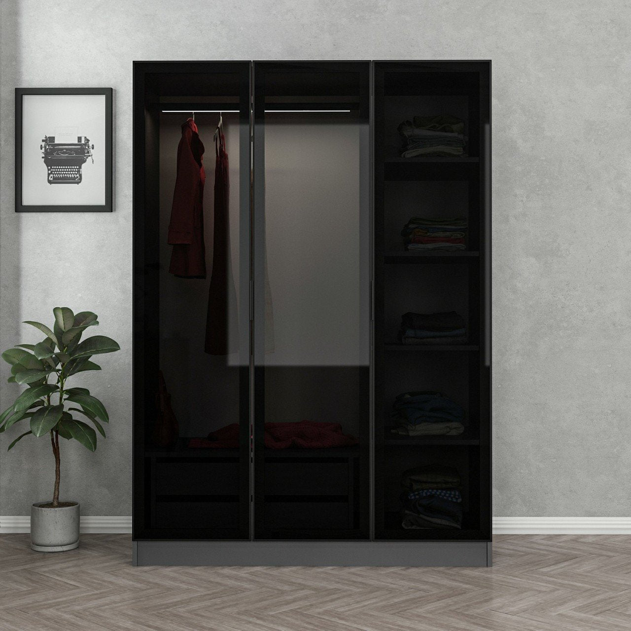 دولاب 3 ضلفة أسود × رمادي بأبواب زجاج ودرجين داخليين -  دولاب أنيق بتصميم عصري مختلف أبوابه من الزجاج الغامق الشفاف اللي بيضيف فخامة وبيخلي شكل اللبس منظم ومرتب حتى وهو متخزن بيحتوي على رفوف جانبية ودرجين داخليين مع مساحة واسعة لتعليق الملابس مناسب للمساحات اللي بتدور على شكل راقي واستخدام عملي في نفس الوقت الخامةمتاح بخامة كونتر أو MDF حسب اختيارك المقاساتالعرض 135 سمالارتفاع 210 سمالعمق 52 سم