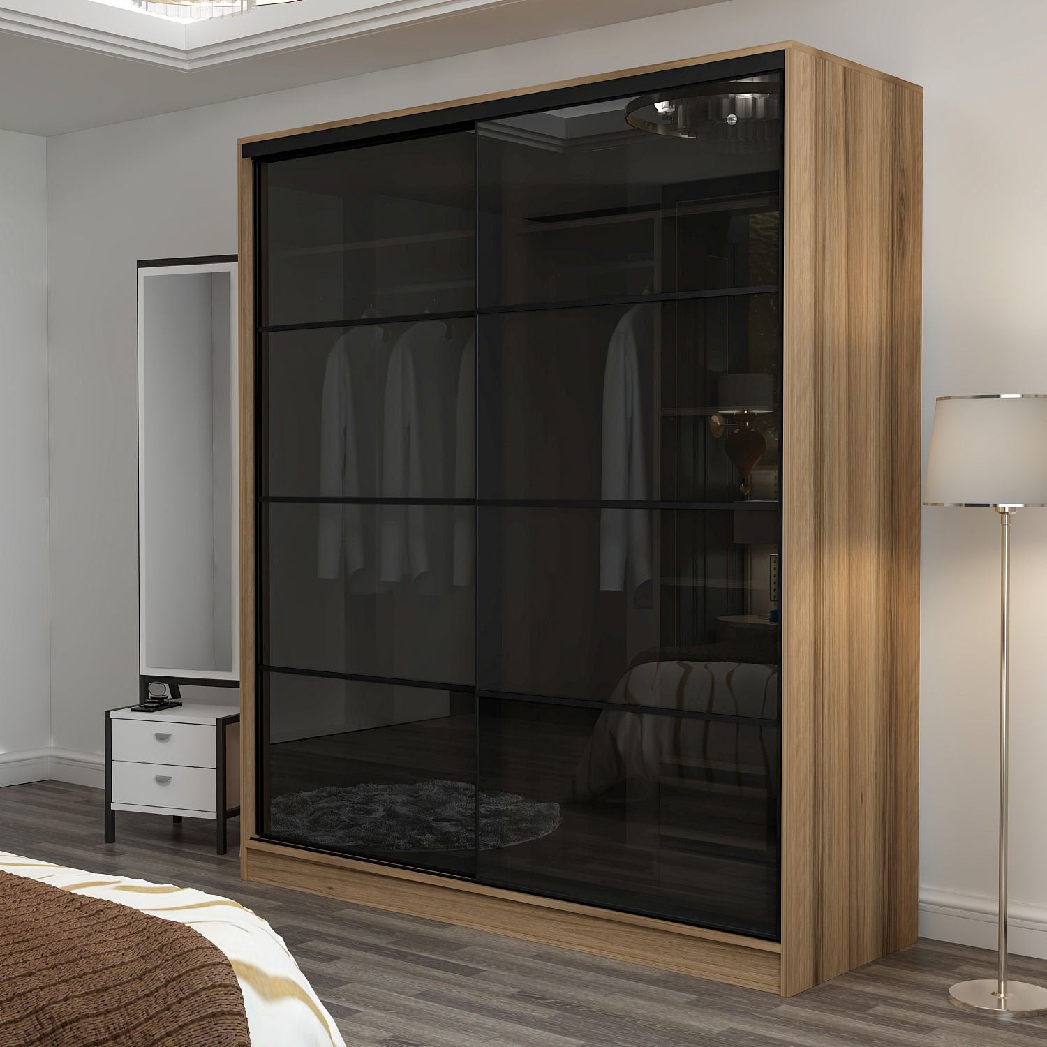 دولاب جرار بأبواب زجاج فاميه وإطار خشبي بلون طبيعي -  دولاب جرار بتصميم راقي يجمع بين الفخامة والعملية الأبواب الزجاج الفاميه بتخفي المحتويات وتدي شكل شيك وفي نفس الوقت بتعكس الإضاءة بشكل ناعم الإطار الخشبي الطبيعي بيكمل الستايل الدافي للمكان المساحة الداخلية واسعة ومنظمة فيها رفوف متعددة ودرجين داخليين ومساحات لتعليق الملابس بشكل عملي الخامةمتاح بخامة كونتر أو MDF حسب اختيارك المقاساتالعرض 180 سمالارتفاع 210 سمالعمق 60 سم