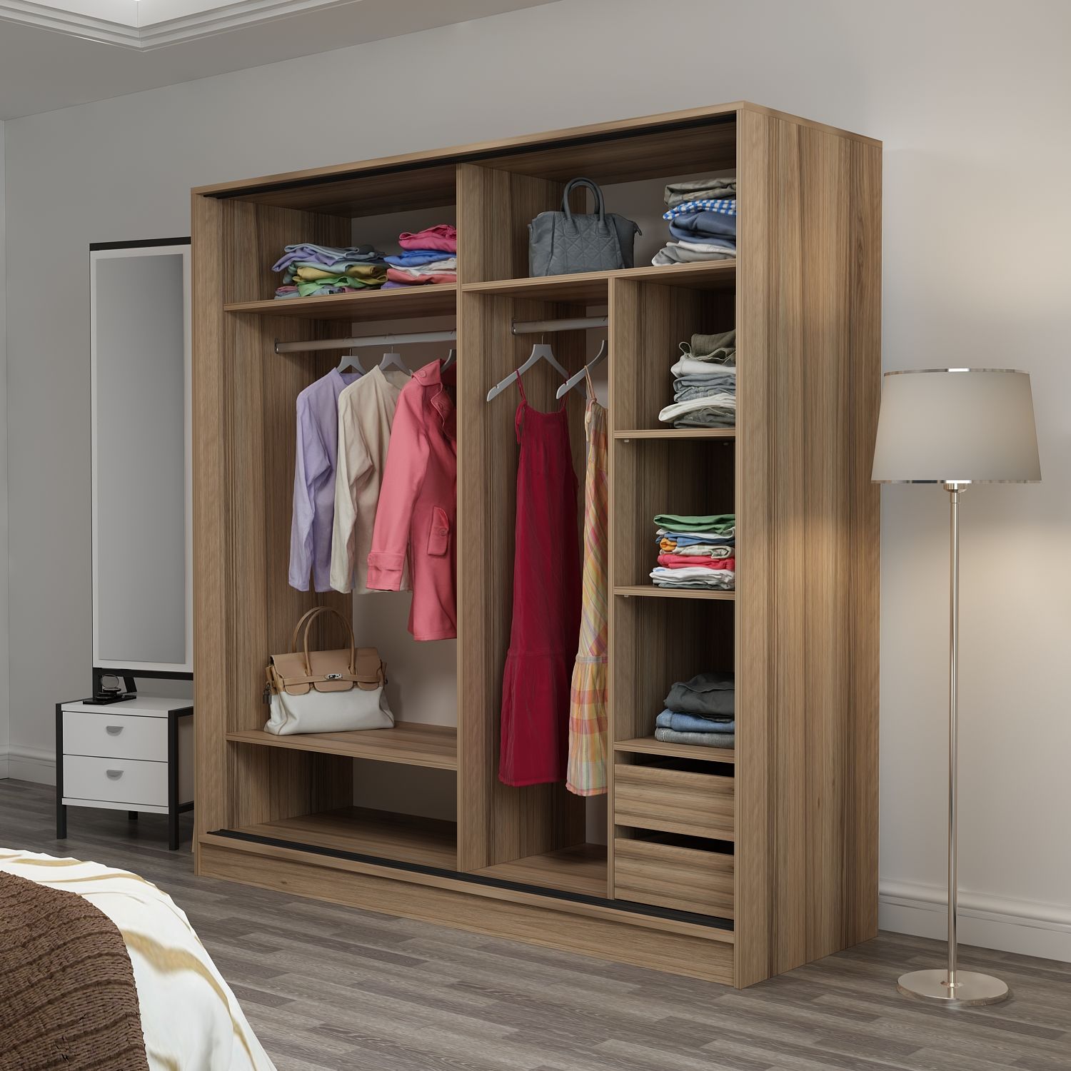 دولاب جرار بأبواب زجاج فاميه وإطار خشبي بلون طبيعي -  دولاب جرار بتصميم راقي يجمع بين الفخامة والعملية الأبواب الزجاج الفاميه بتخفي المحتويات وتدي شكل شيك وفي نفس الوقت بتعكس الإضاءة بشكل ناعم الإطار الخشبي الطبيعي بيكمل الستايل الدافي للمكان المساحة الداخلية واسعة ومنظمة فيها رفوف متعددة ودرجين داخليين ومساحات لتعليق الملابس بشكل عملي الخامةمتاح بخامة كونتر أو MDF حسب اختيارك المقاساتالعرض 180 سمالارتفاع 210 سمالعمق 60 سم