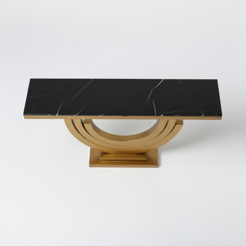 كونسول مدخل مودرن بقاعدة معدنية ذهبية وسطح أسود رخامي