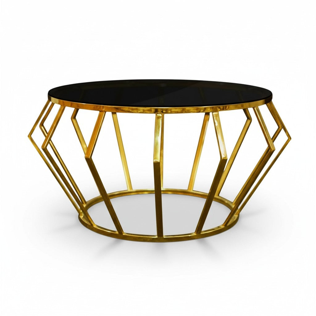 ترابيزة قهوة دائرية بقاعدة معدنية ذهبية وتصميم عصري