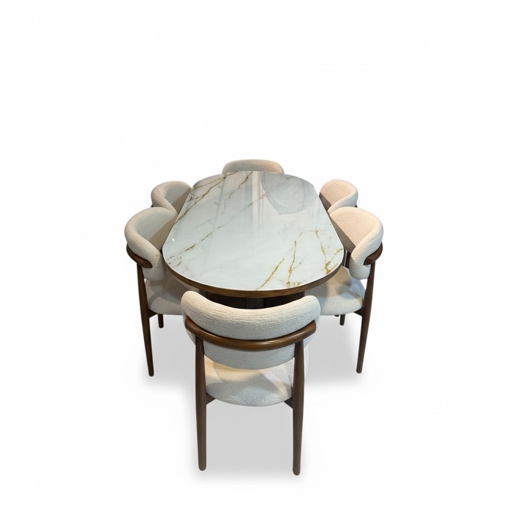 سفرة مودرن بسطح أبيض مع كراسي تنجيد أنيقة