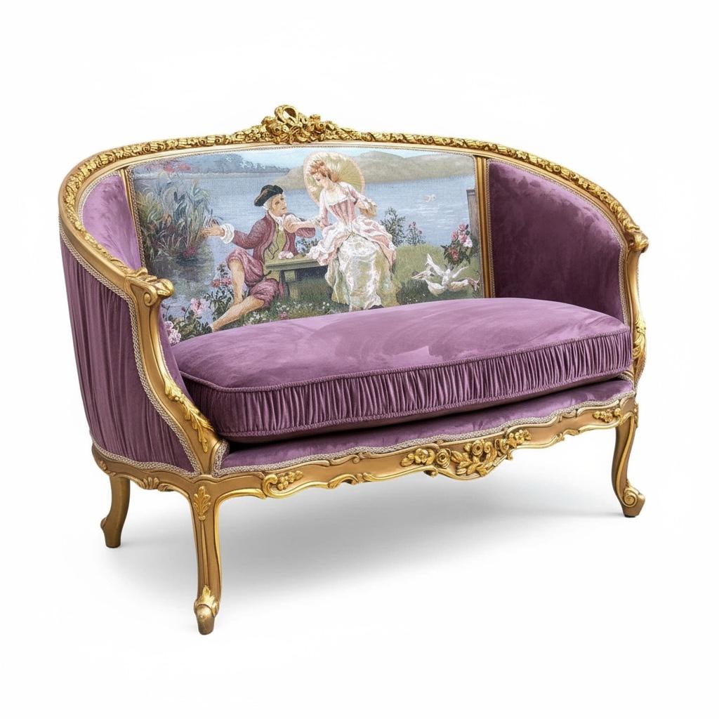 كنبة أنتيك فخمة من الخشب الزان بتنجيد قطيفة ولوحة جوبلان