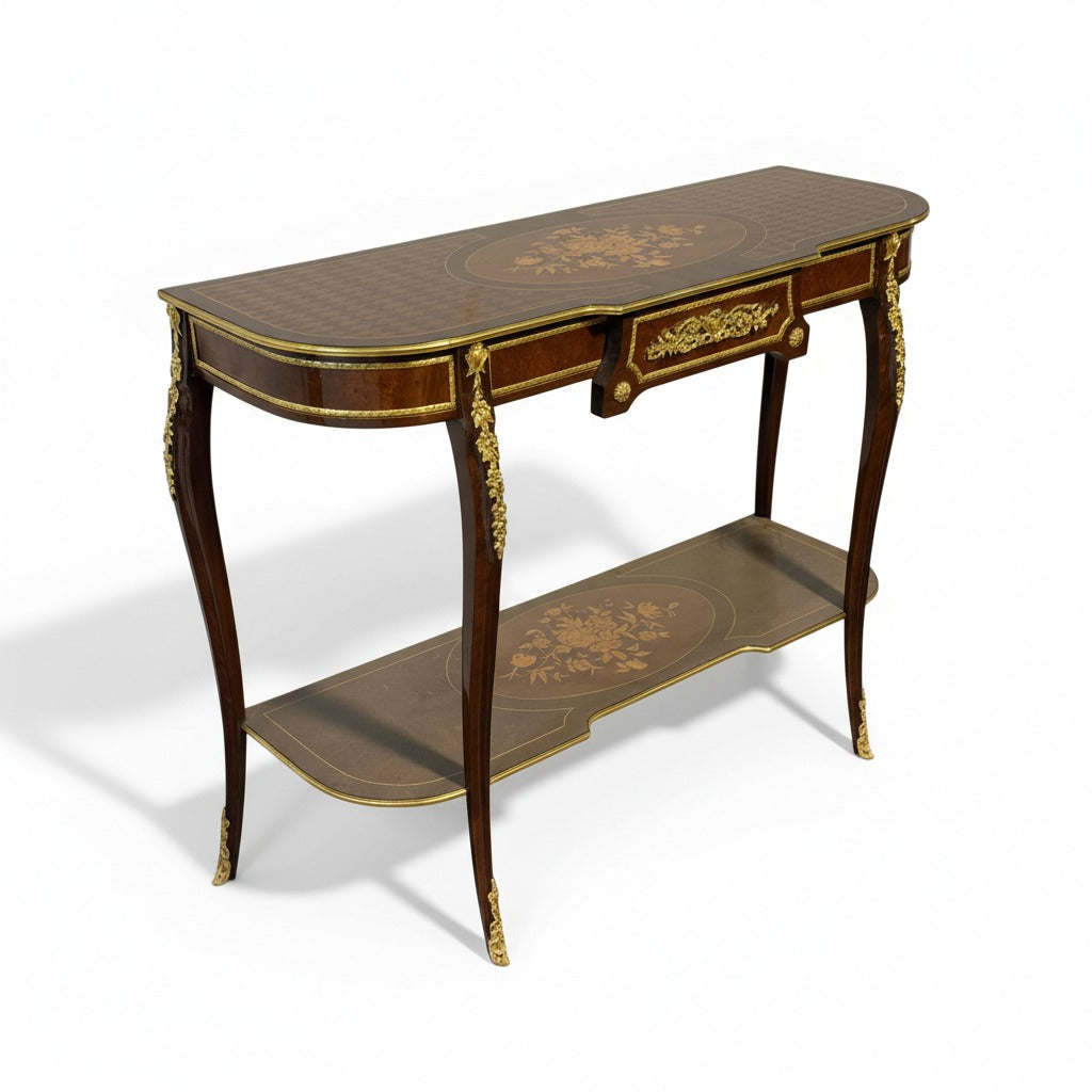 كونسول كلاسيك بدرج ورف سفلي بزخارف نحاس