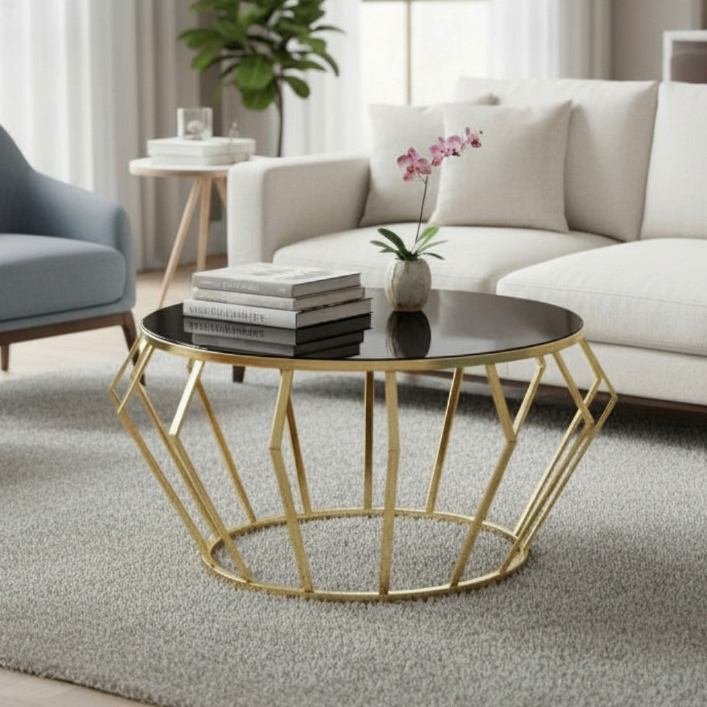 ترابيزة قهوة دائرية بقاعدة معدنية ذهبية وتصميم عصري