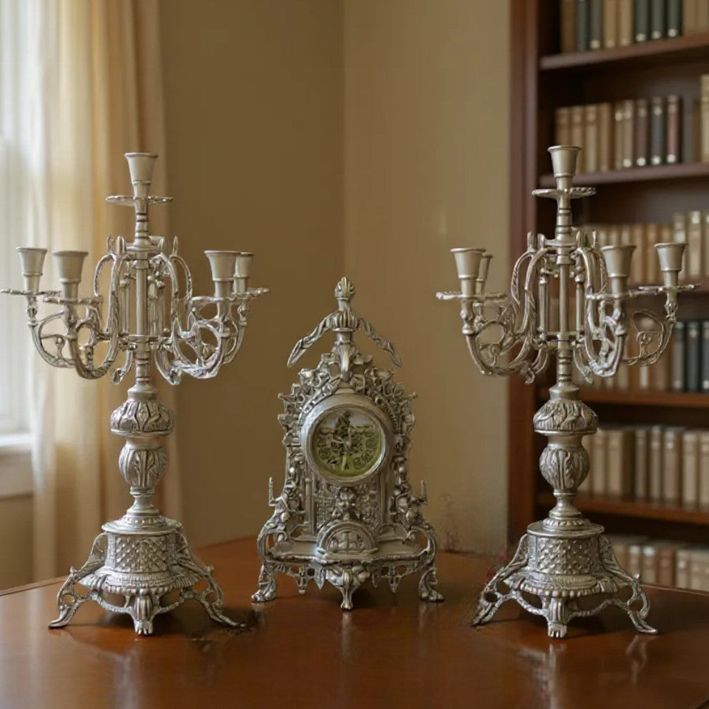 Classic luxury brass clock and candlestick set