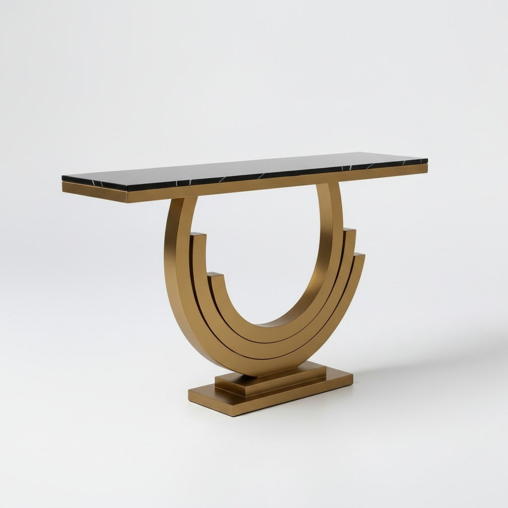 كونسول مدخل مودرن بقاعدة معدنية ذهبية وسطح أسود رخامي