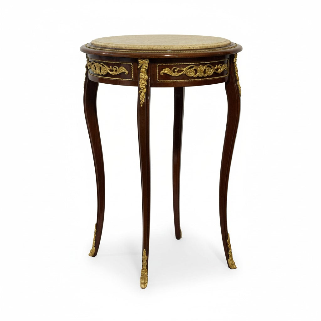 ترابيزة جانبية كلاسيك بيضاوية بتطعيم نحاس و سطح رخام