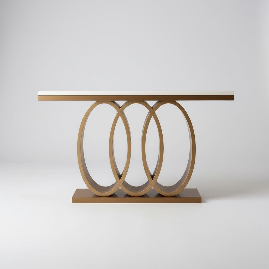 كونسول مدخل مودرن بقاعدة حلقات معدنية ذهبية وسطح فاتح