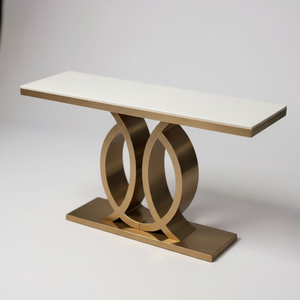كونسول مدخل مودرن بقاعدة حلقات ذهبية مزدوجة وسطح أبيض
