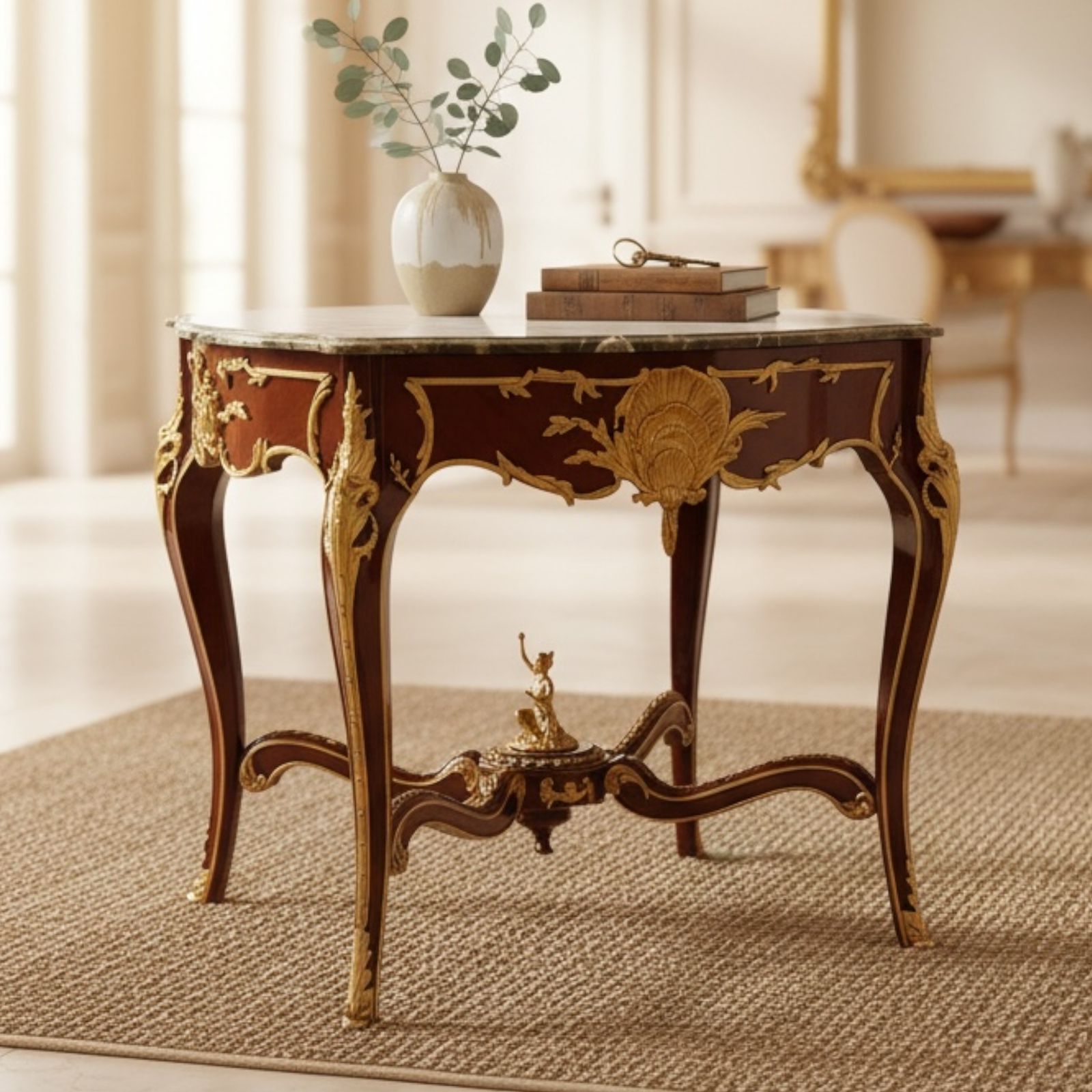 ترابيزة مدخل أنتيك بسطح رخامي وتطعيمات نحاس فاخرة