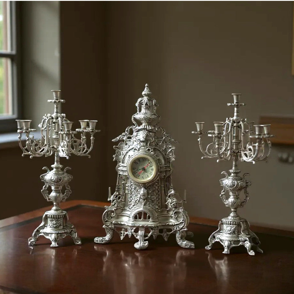 Luxury Brass Clock and Candlestick Set 