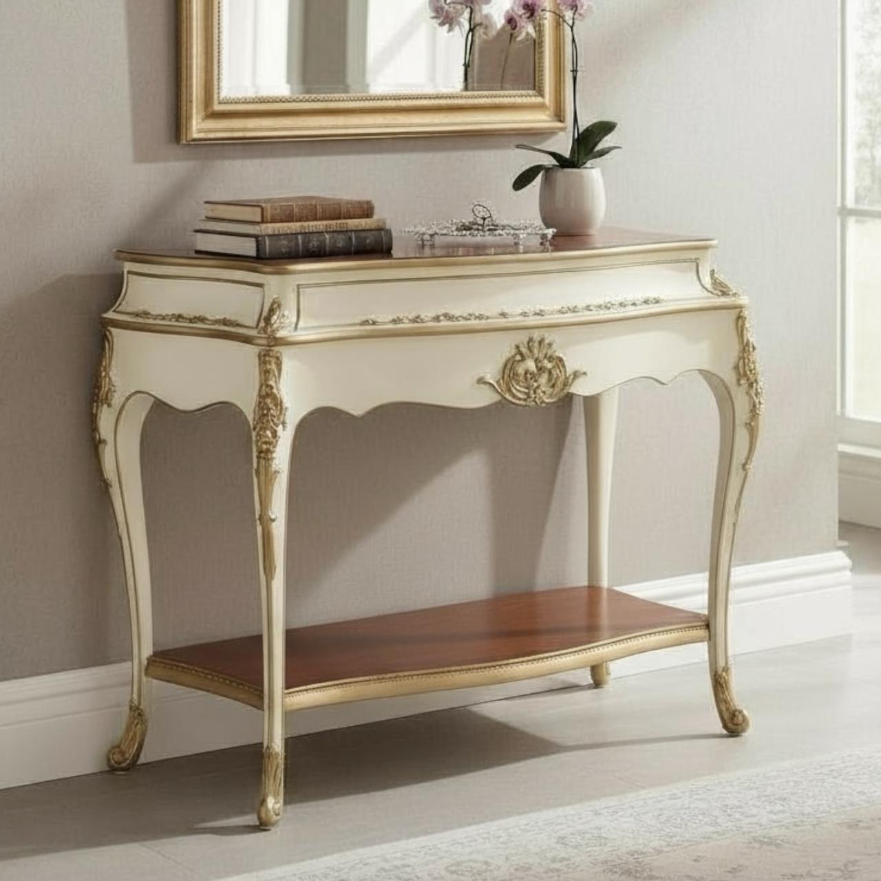 كونسول مدخل خشب زان برخام إمبرادور وتطعيم نحاس مشغول يدويًا