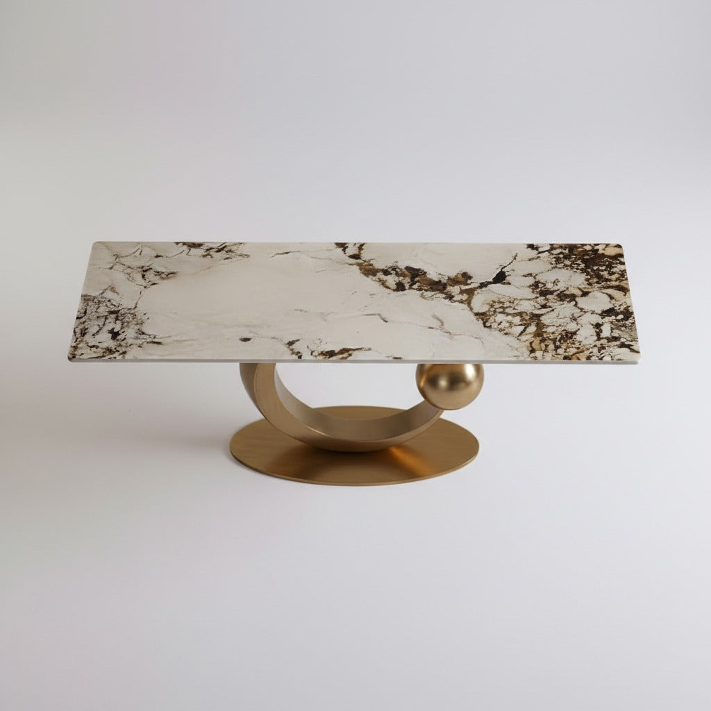كونسول مدخل مودرن بقاعدة دائرية ذهبية وسطح رخامي فاتح