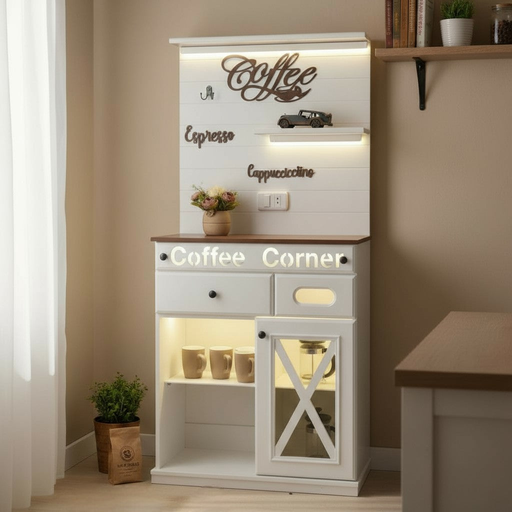 وحدة قهوة مع أرفف وإضاءة