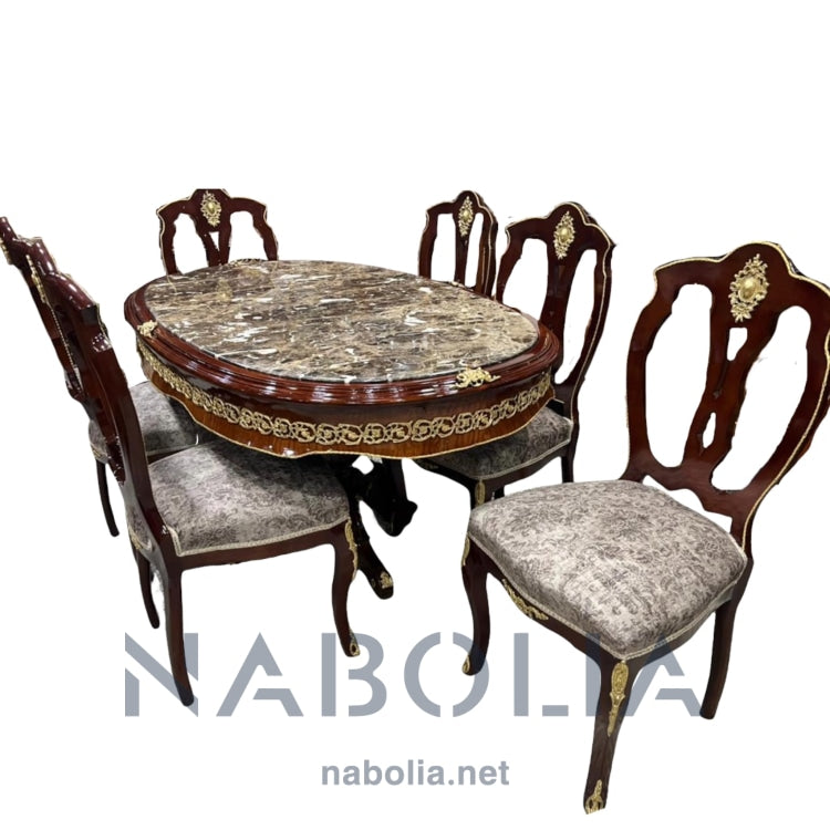 ترابيزة سفرة مطعمة بالنحاس وستة كراسي - Nabolia Damietta hub furniture